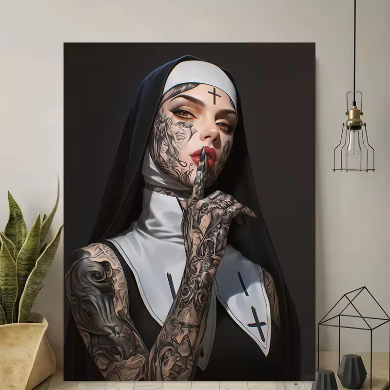 Fashion Girl Tattoo Nun Canvas - Vintage Fashion Illustration ulasan dan harga